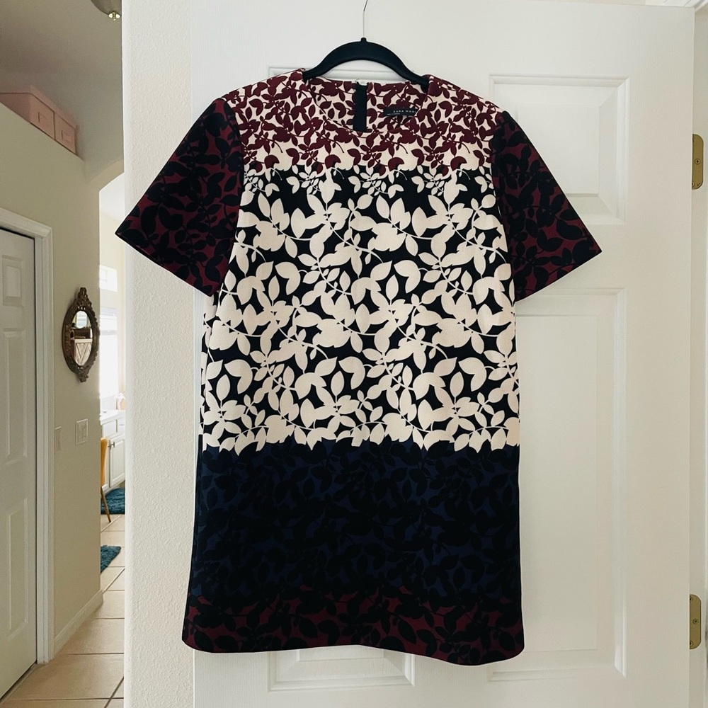 Zara Cream, Black & Burgundy Floral Block-Print Shift Dress